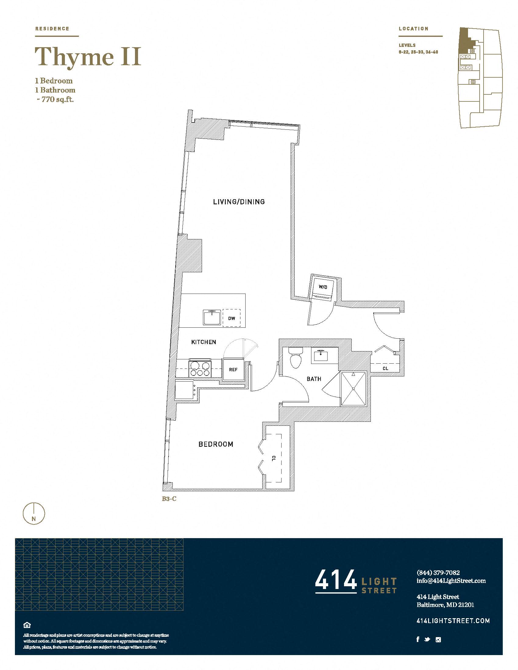 Floor plan for 1 bed, 1 bath, 770 sqft